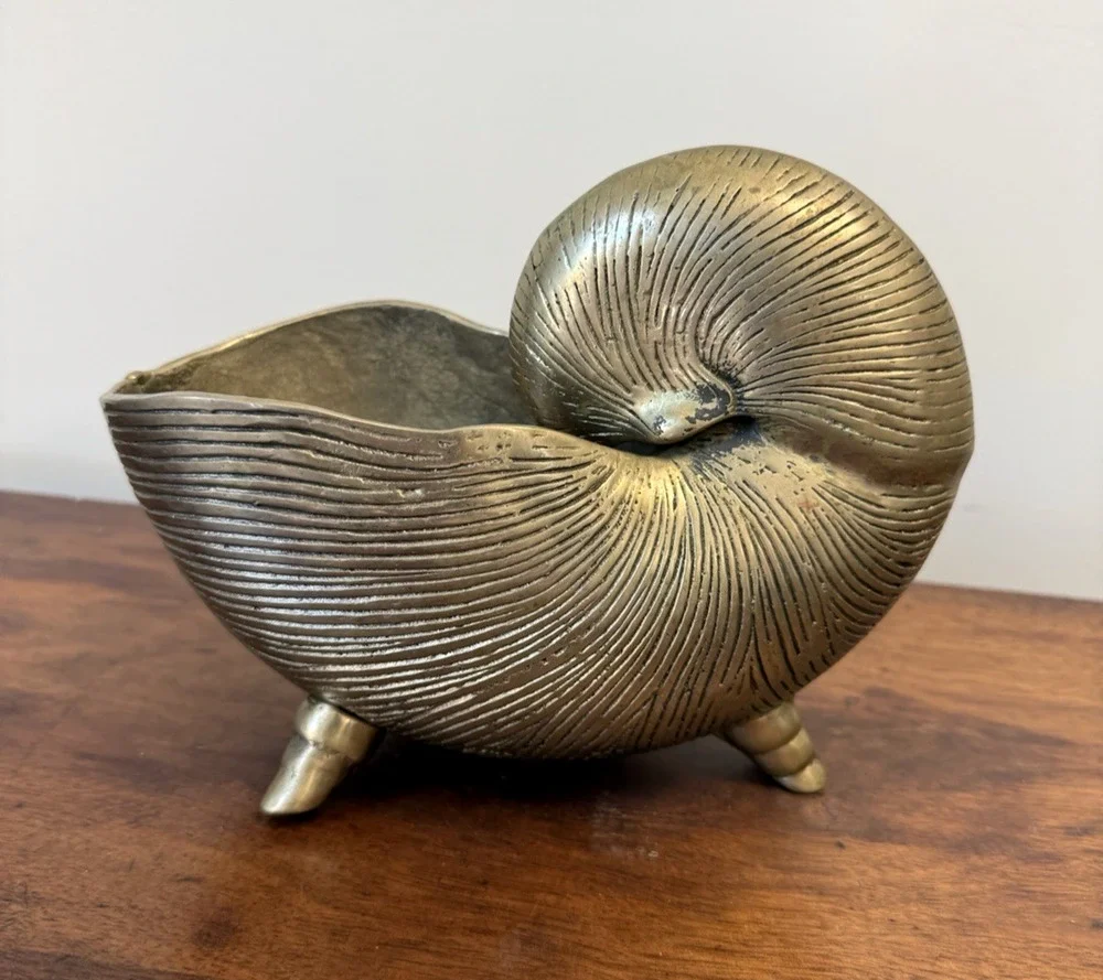 Vintage Brass Nautilus Shell Planter Cachepot Footed MCM Hollywood Regency 8